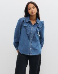 Pieces - Blå - Pceva Ls Ruffle Shirt Dnm