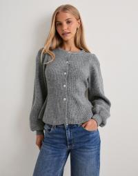 Pieces - Grå - Pcsilly Ls Puff Knit Cardigan Noos